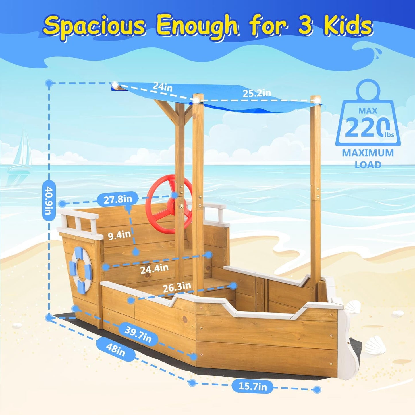 Petsblublu Kids Wooden Outdoor Sandbox with Canopy for Aged 3-8 Years Old