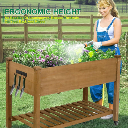 Petsblublu Raised Garden Bed with Wheels, Outdoor Elevated Wood Planter Box for Backyard Balcony