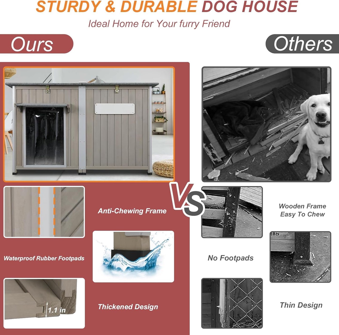 Petsblublu 50 L Large Wooden Outdoor Dog House Weatherproof Dog Kennel with Anti-Chewing Iron Frame