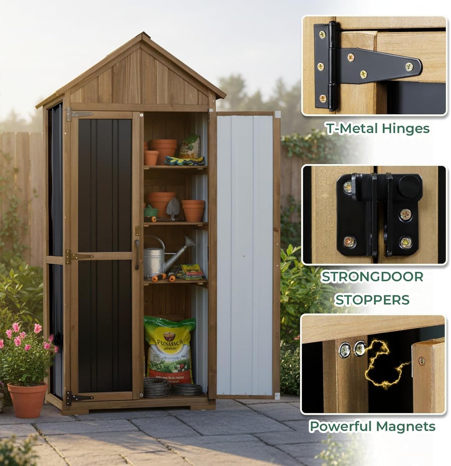 Petsblublu Outdoor Storage Cabinet with Shelf, Wood & Metal Shed for Patio Backyard, Garden Shed Tool Shed and Accessories, Brown