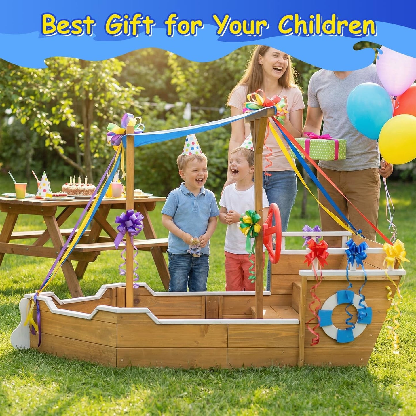 Petsblublu Kids Wooden Outdoor Sandbox with Canopy for Aged 3-8 Years Old