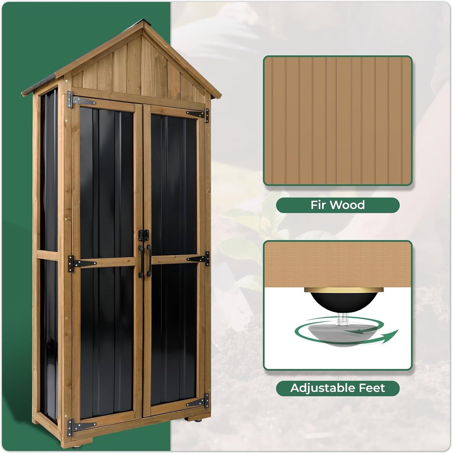 Petsblublu Outdoor Storage Cabinet with Shelf, Wood & Metal Shed for Patio Backyard, Garden Shed Tool Shed and Accessories, Brown