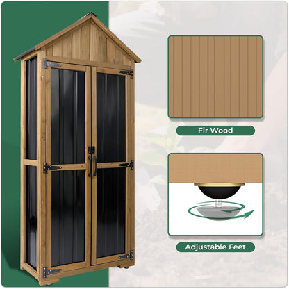 Petsblublu Outdoor Storage Cabinet with Shelf, Wood & Metal Shed for Patio Backyard, Garden Shed Tool Shed and Accessories, Brown