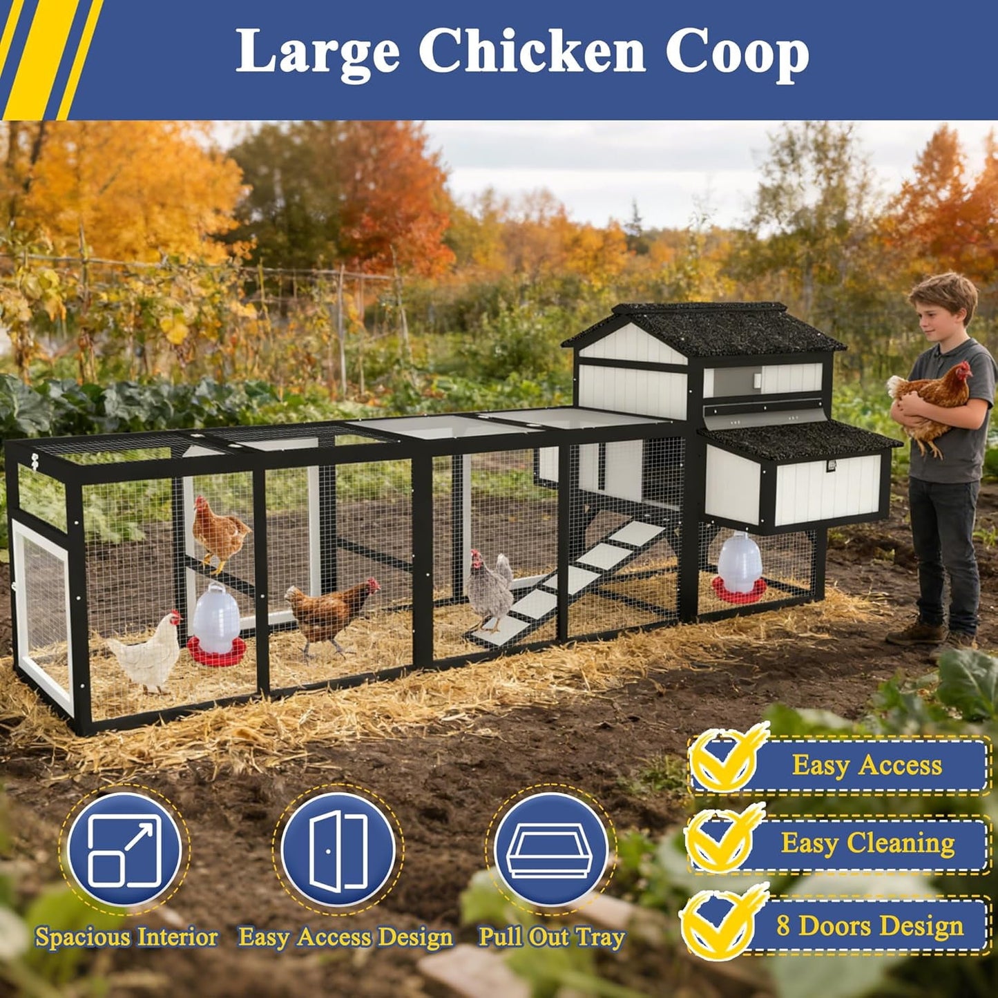 Petsblublu 116 Large Chicken Coop with Run, Wooden Hen House Outdoor Poultry Cage with Nesting Boxes