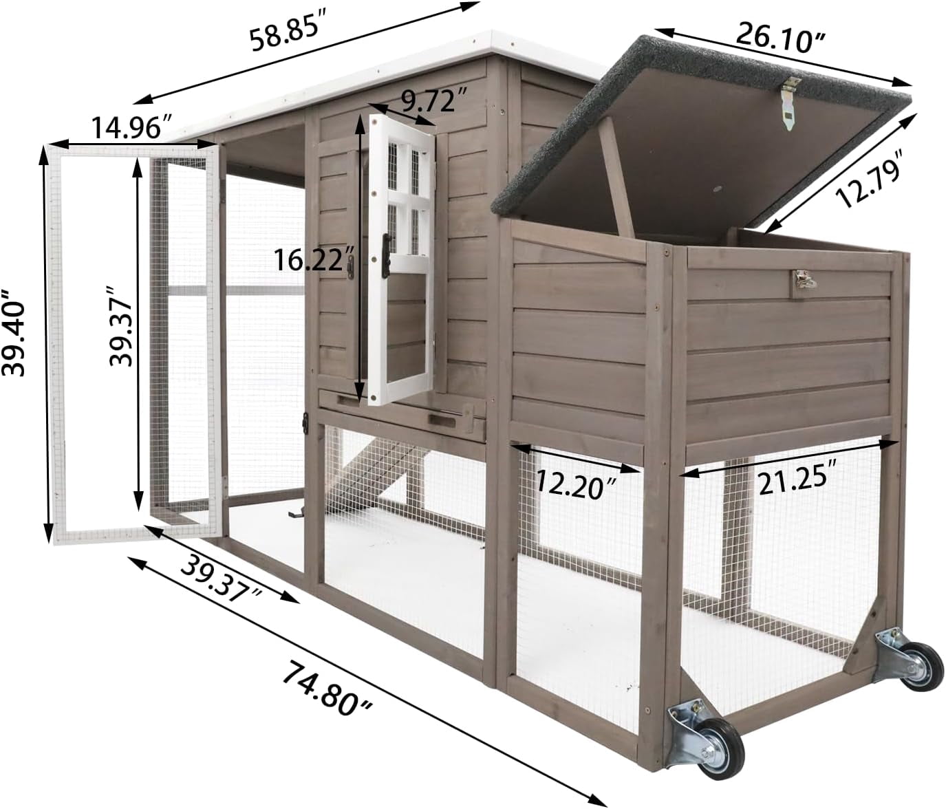 Petsblublu Outdoor Wooden Chicken Coop with Wheels Asphalt Roof Nest Boxes,Gray