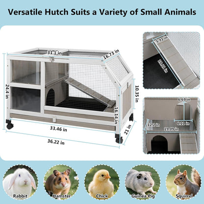 Petsblublu Outdoor Rabbit Hutch, Indoor Wooden Bunny Cage with Wheels