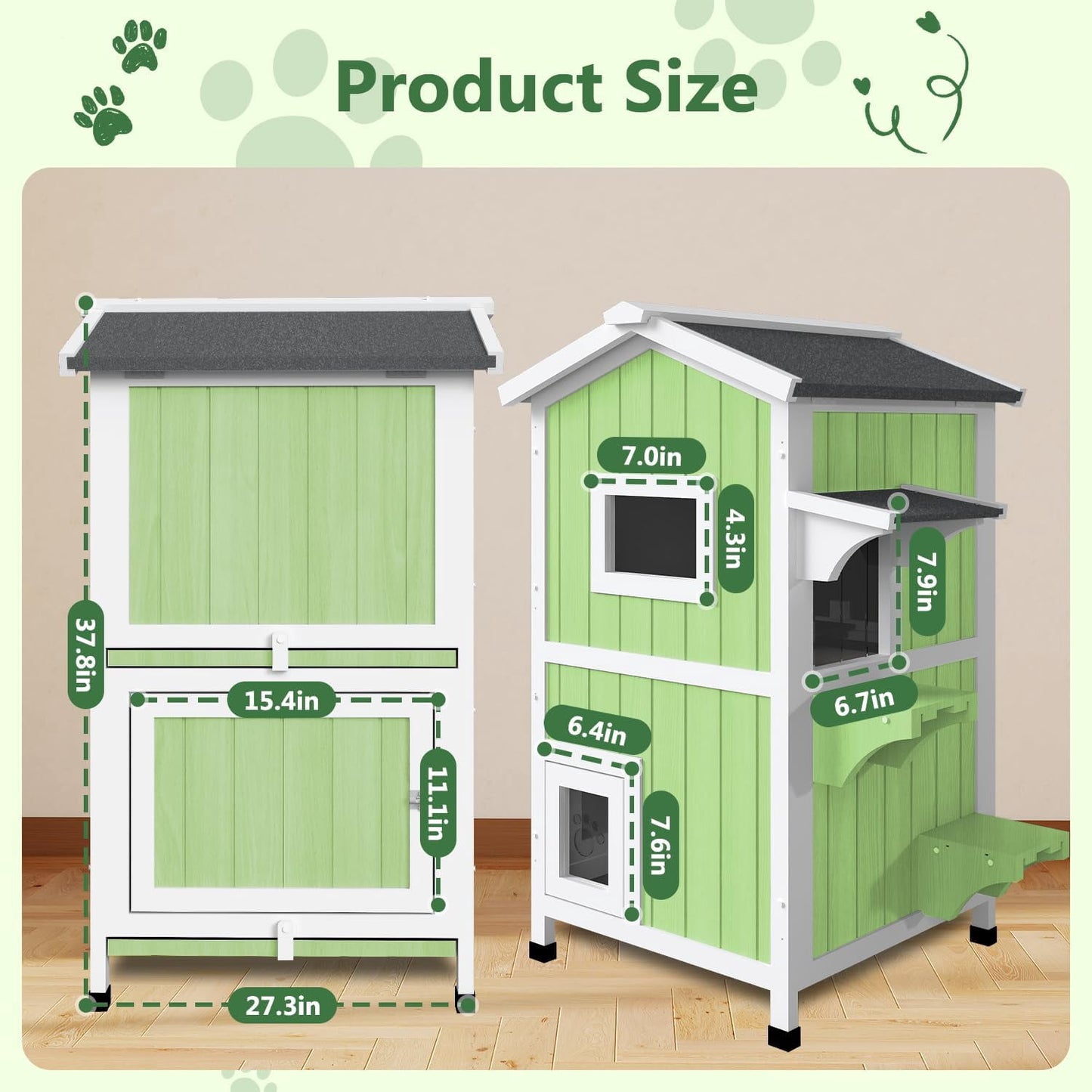 Petsblublu Outdoor Cat Shelter Weatherproof,Two Story Wooden Outside Feral Cat House with Openable Roof, Green