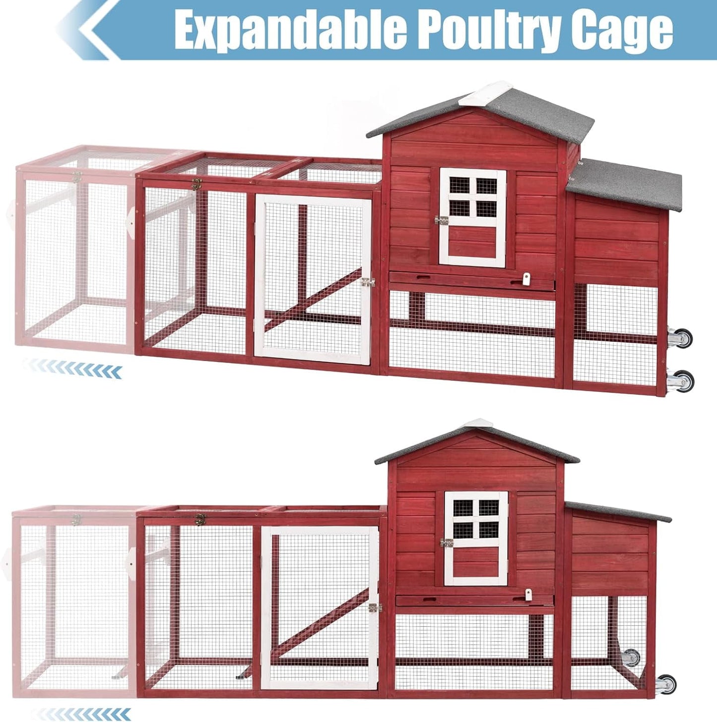Petsblublu 79 L Chicken Coop with Run Outdoor Indoor Mobile Hen House with Nesting Boxes, Wheels, Red