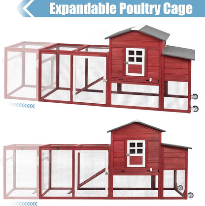 Petsblublu 79 L Chicken Coop with Run Outdoor Indoor Mobile Hen House with Nesting Boxes, Wheels, Red