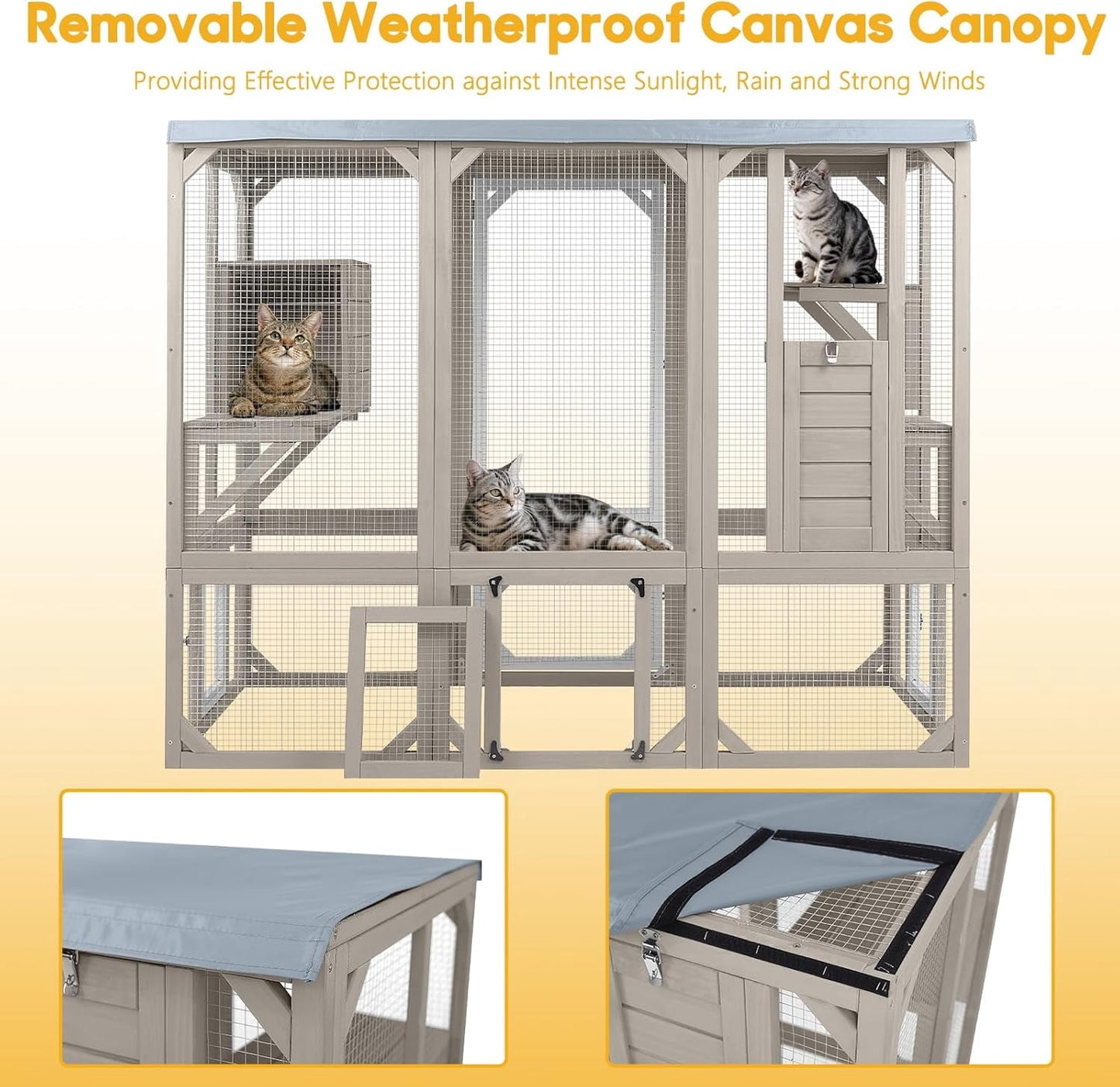 Petsblublu Large Catio Outdoor Cat Enclosure, Wooden Cat House with Removable Weatherproof Cover, 4 Platforms