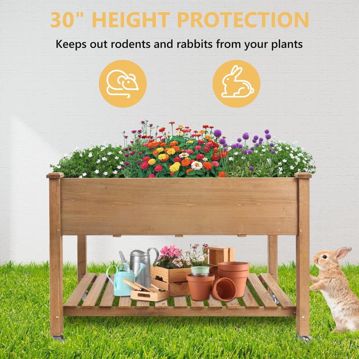 Petsblublu Raised Garden Bed with Wheels, Outdoor Elevated Wood Planter Box for Backyard Balcony