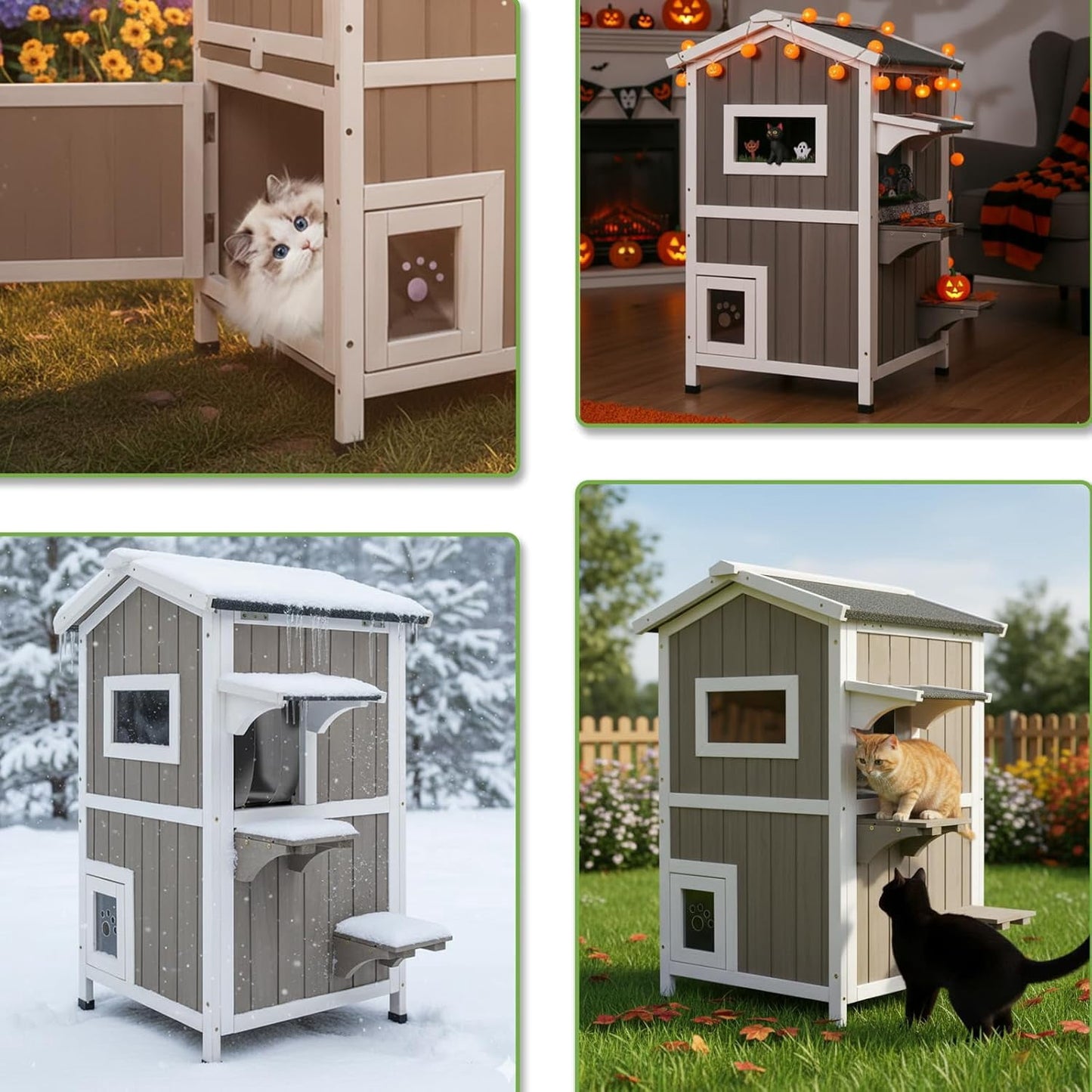 Petsblublu 2-Story Outdoor Cat House Weatherproof Wooden Feral Cat Shelter with Escape Door