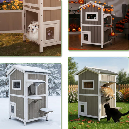 Petsblublu 2-Story Outdoor Cat House Weatherproof Wooden Feral Cat Shelter with Escape Door