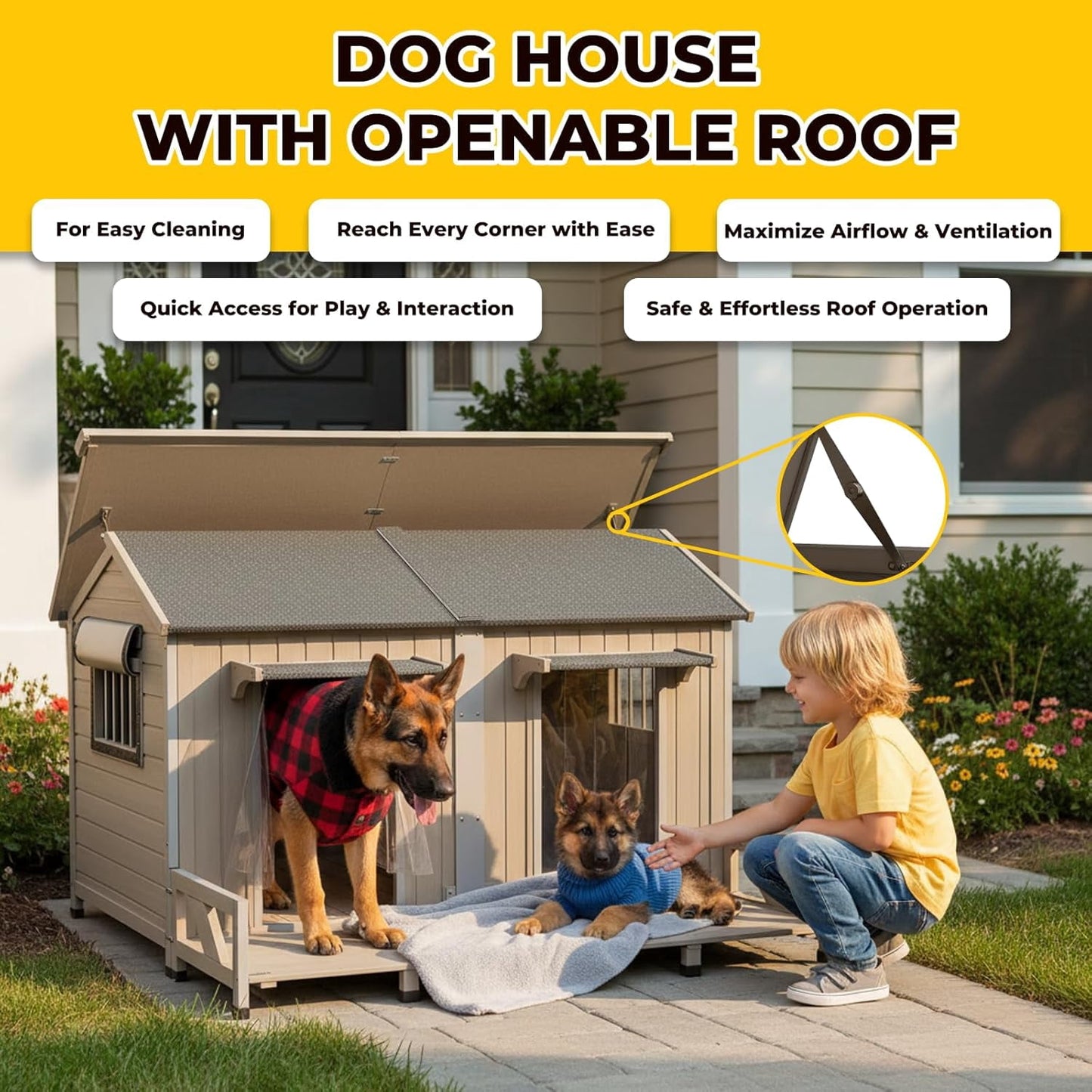 Petsblublu 59L Wooden Outdoor Large Dog House for 2 Dogs with Large Balcony