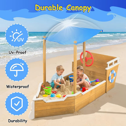 Petsblublu Kids Wooden Outdoor Sandbox with Canopy for Aged 3-8 Years Old