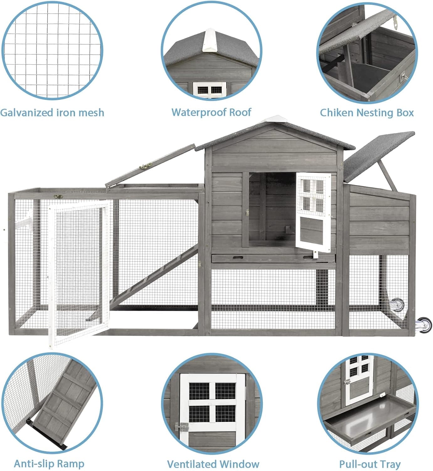 Petsblublu 79 L Chicken Coop with Run Outdoor Indoor Mobile Hen House with Nesting Boxes, Wheels, Gray