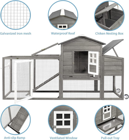 Petsblublu 79 L Chicken Coop with Run Outdoor Indoor Mobile Hen House with Nesting Boxes, Wheels, Gray
