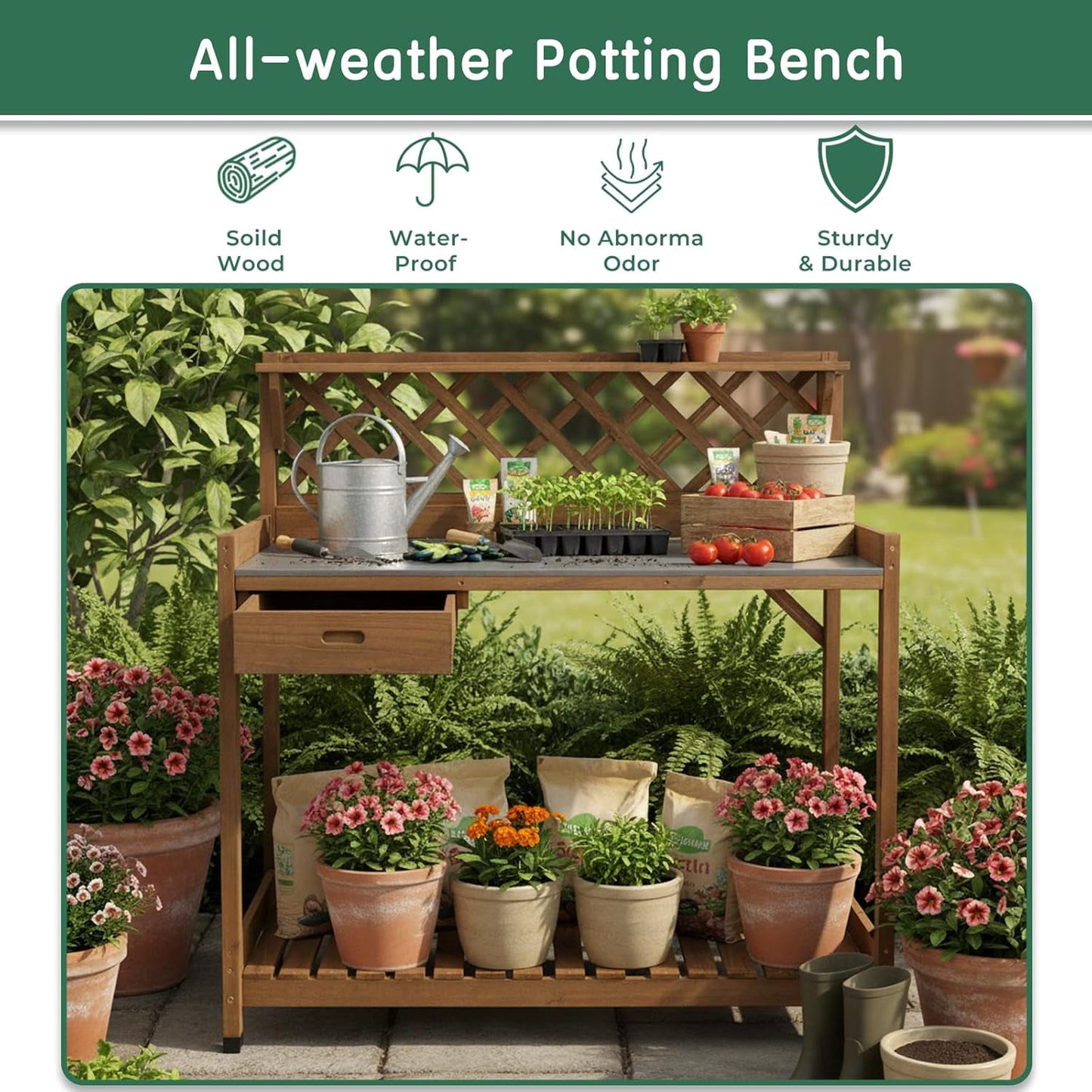 Petsblublu Outdoor Potting Bench Table Work Bench with Drawer Natural Wood Garden with Bottom Shelf