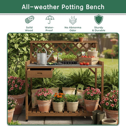 Petsblublu Outdoor Potting Bench Table Work Bench with Drawer Natural Wood Garden with Bottom Shelf