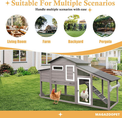 Petsblublu Outdoor Chicken Coop Large Wooden Tractor with Wheels Waterproof Hen House,Gray