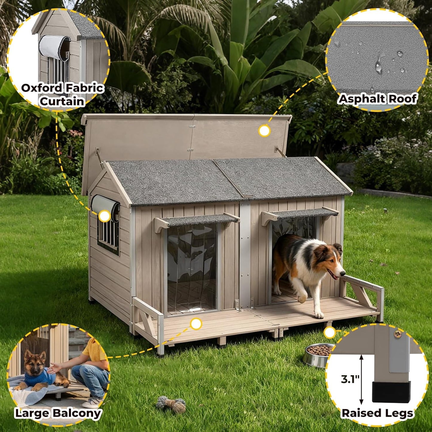 Petsblublu 59L Wooden Outdoor Large Dog House for 2 Dogs with Large Balcony