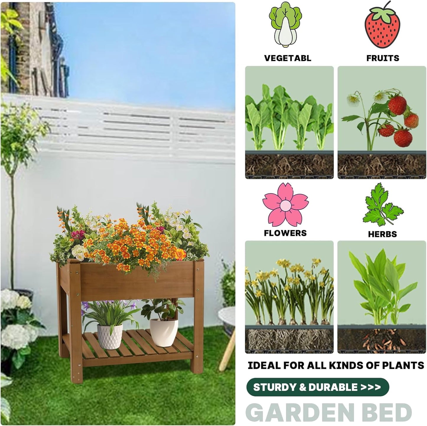 Petsblublu Raised Garden Bed Outdoor Wooden Elevated Planter Boxes, 33.46X17.9X29.72in