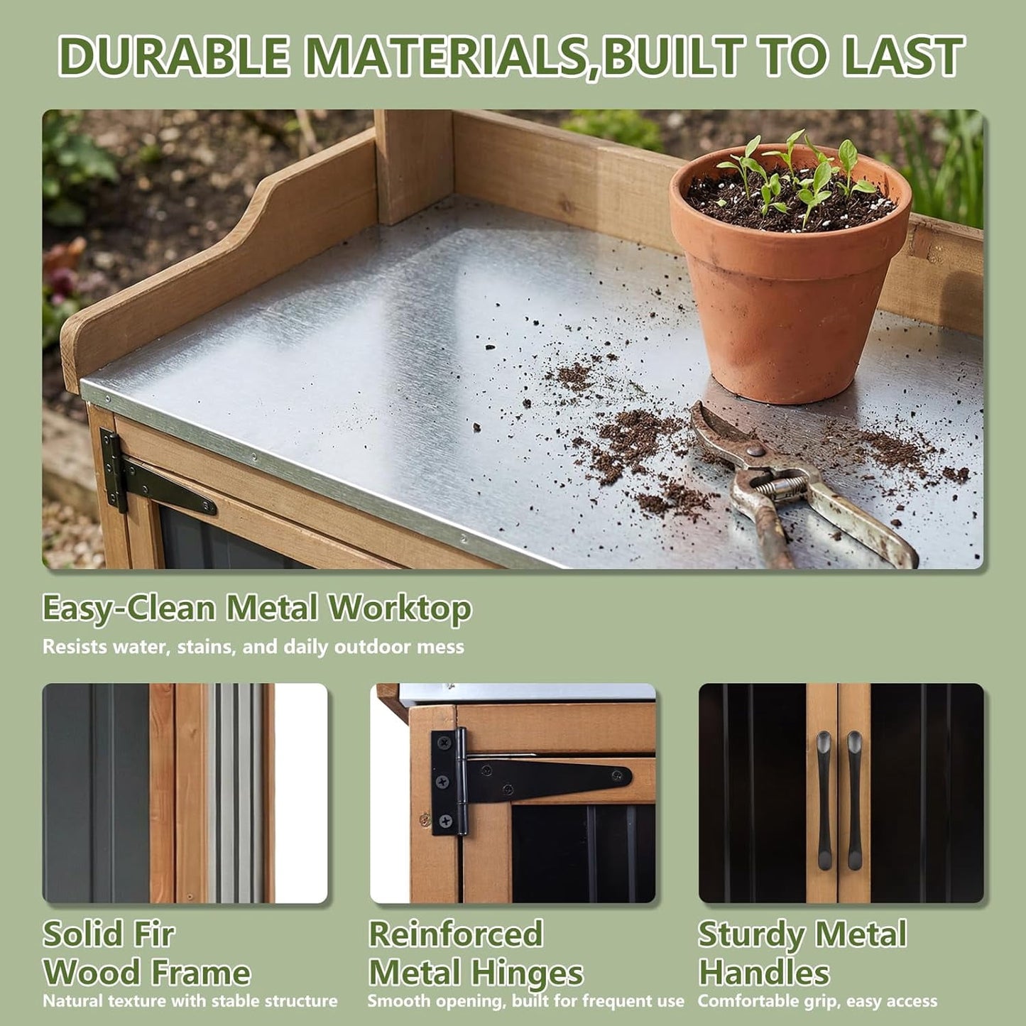 Petsblublu Outdoor Potting Bench Storage Cabinet, Garden Table with Metal Top&Shelf for Backyard