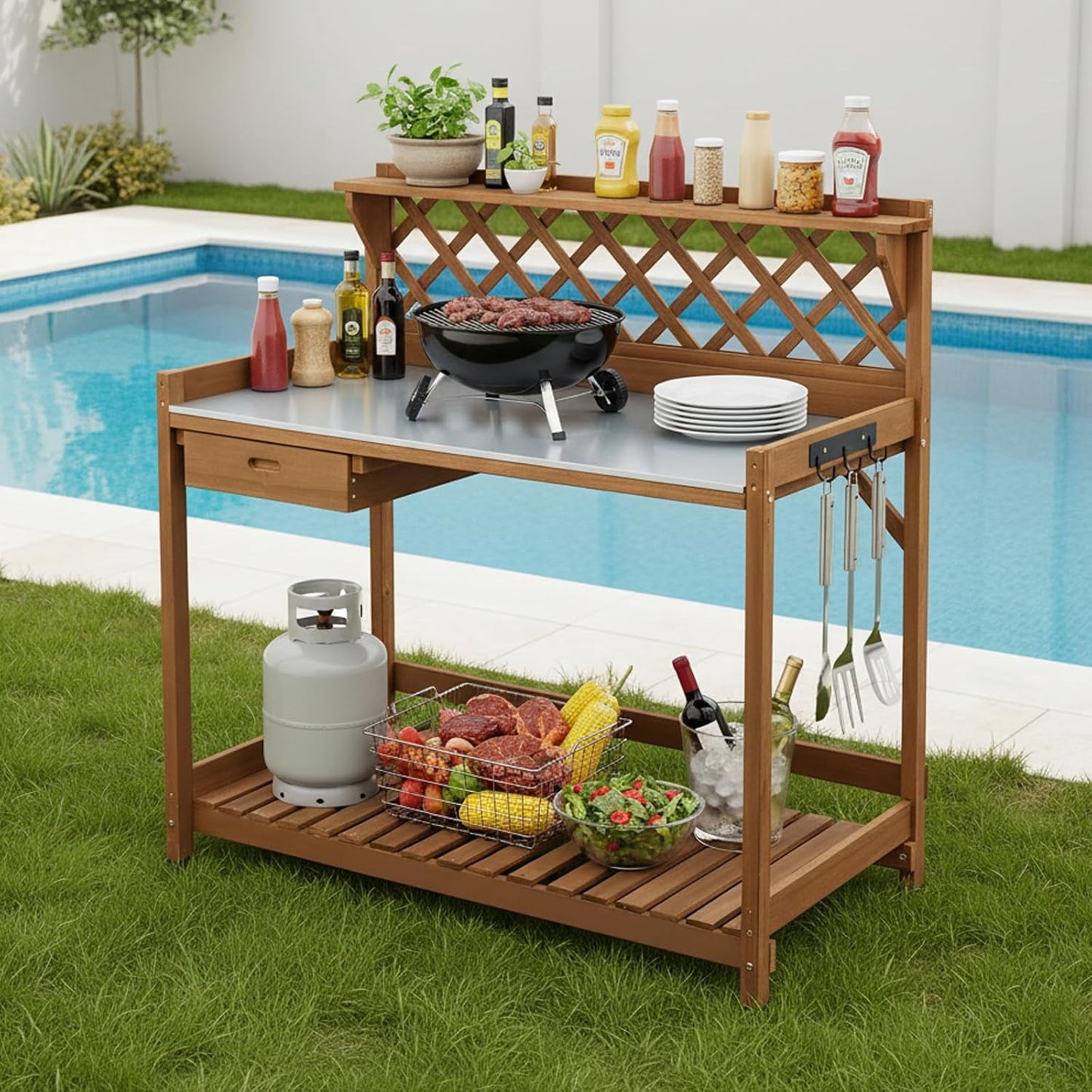 Petsblublu Outdoor Potting Bench Table Work Bench with Drawer Natural Wood Garden with Bottom Shelf