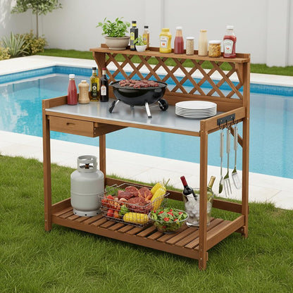 Petsblublu Outdoor Potting Bench Table Work Bench with Drawer Natural Wood Garden with Bottom Shelf