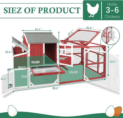 Petsblublu 95.3 L Outdoor Large Chicken Coop with Run, Chicken Tractor Hen House with 3 Nesting Boxes, Red