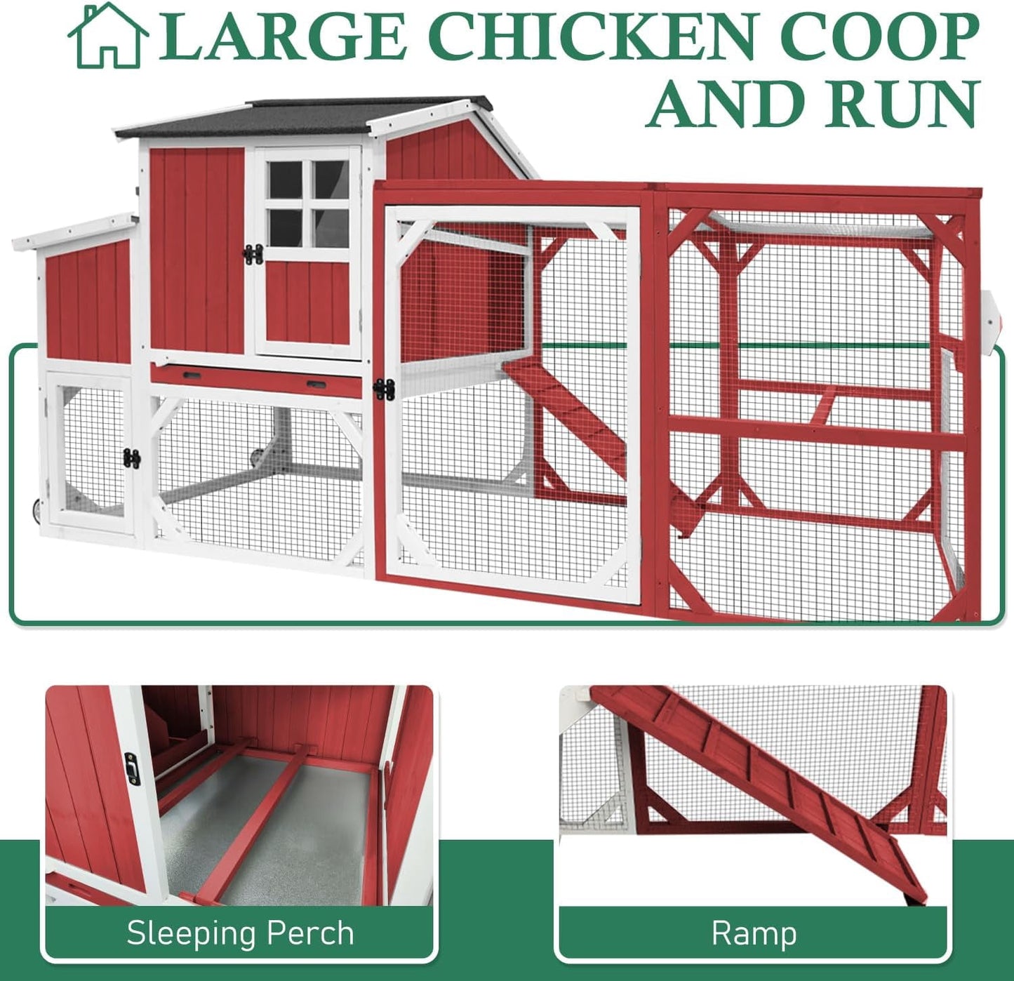Petsblublu 95.3 L Outdoor Large Chicken Coop with Run, Chicken Tractor Hen House with 3 Nesting Boxes, Red