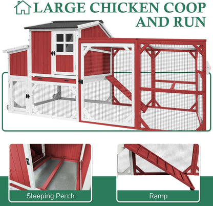Petsblublu 95.3 L Outdoor Large Chicken Coop with Run, Chicken Tractor Hen House with 3 Nesting Boxes, Red