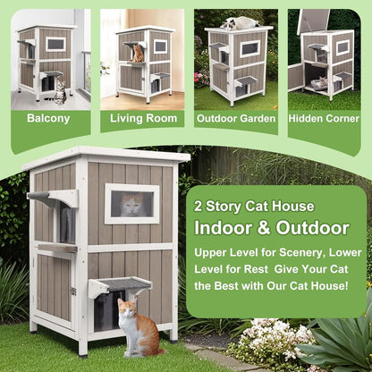 Petsblublu Outdoor Cat House Weatherproof, Two Story Wooden Feral Cat Shelter with 2 Escape Door
