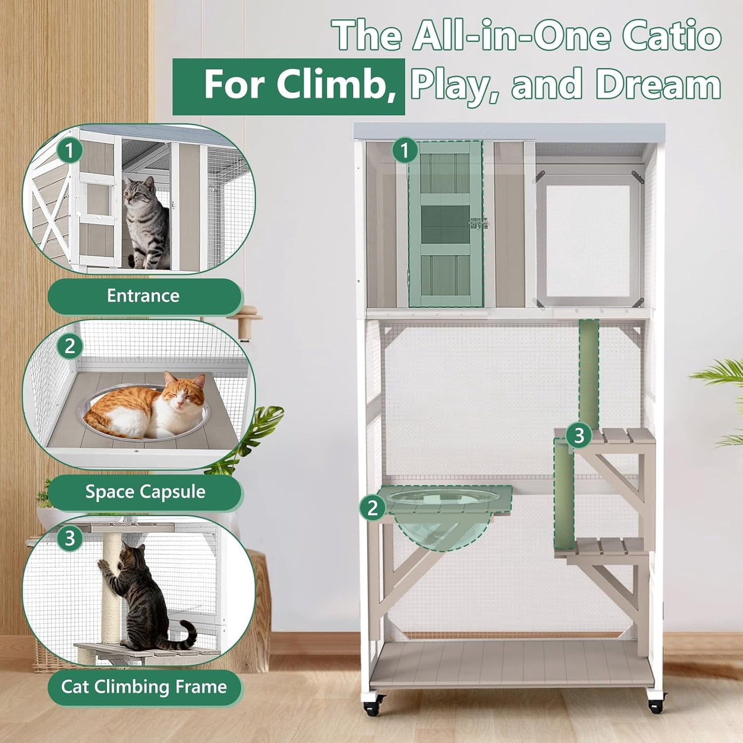 Petsblublu Outdoor Cat Enclosure with Wheels, Window Catio Large Cat House with 3 Platforms