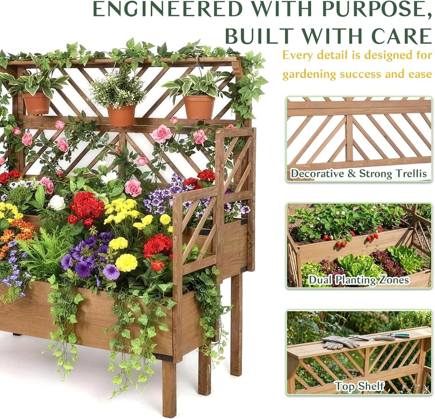 Petsblublu Raised Garden Bed Outdoor with Lattice Trellis, Flower Plant Stand with Two Planting Areas