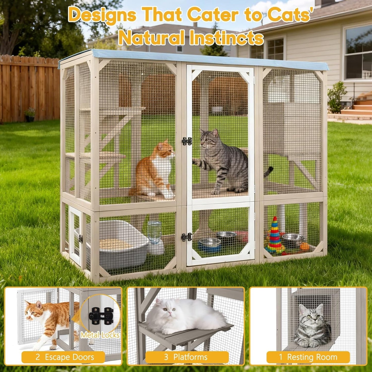 Petsblublu Large Catio Outdoor Cat Enclosure, Wooden Cat House with Removable Weatherproof Cover, 4 Platforms