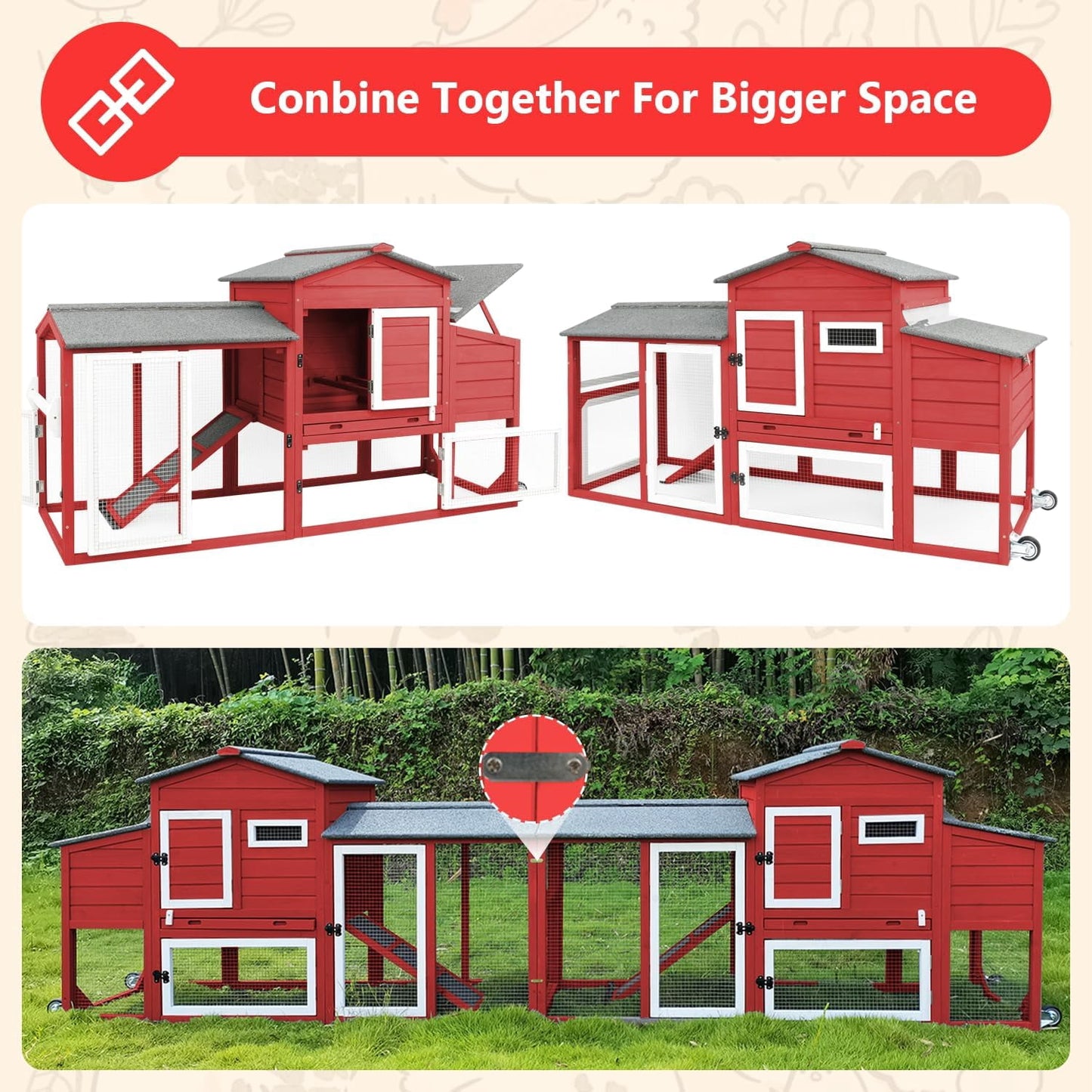 Petsblublu Chicken Coop with Nesting Box, Outdoor Poultry Cage for Backyard, Indoor Hen House with Removable Trays, Red