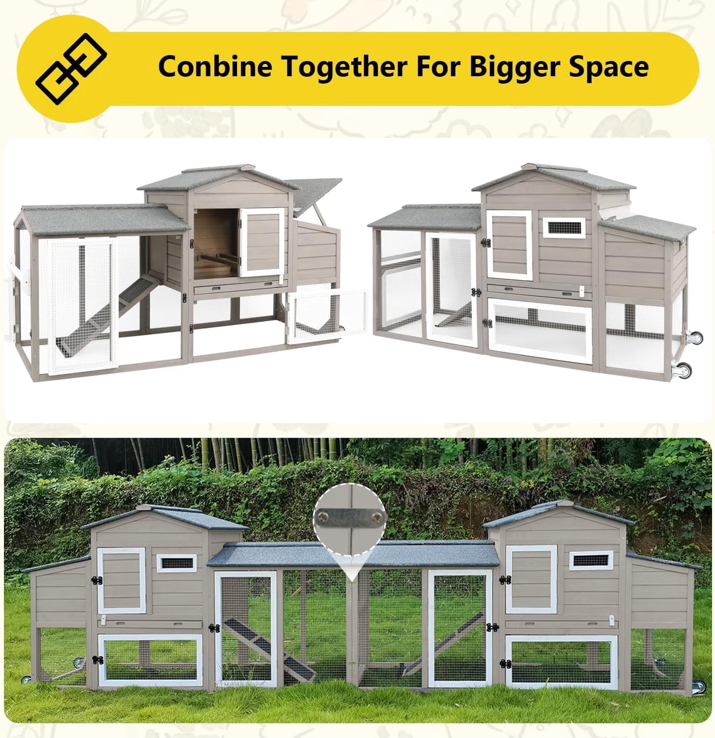 Petsblublu Chicken Coop with Nesting Box, Outdoor Poultry Cage for Backyard, Indoor Hen House with Removable Trays, Gray