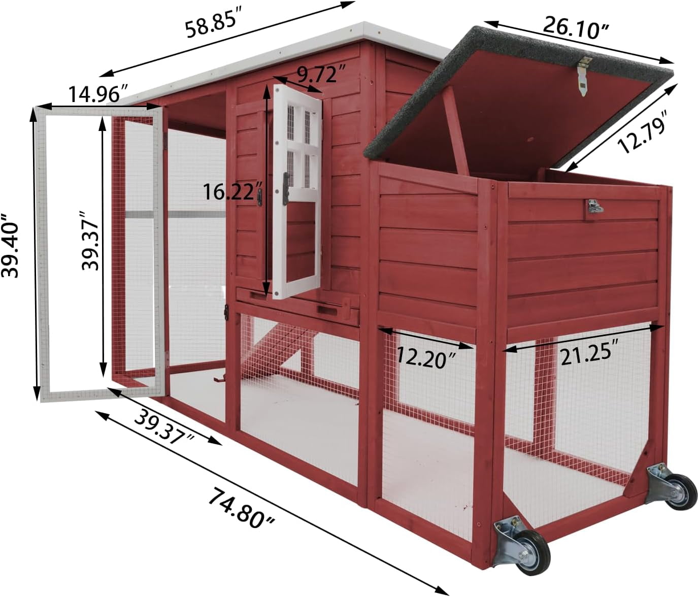Petsblublu Outdoor Wooden Chicken Coop with Wheels Asphalt Roof Nest Boxes,Red
