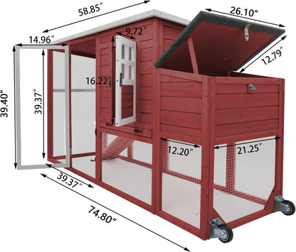 Petsblublu Outdoor Wooden Chicken Coop with Wheels Asphalt Roof Nest Boxes,Red