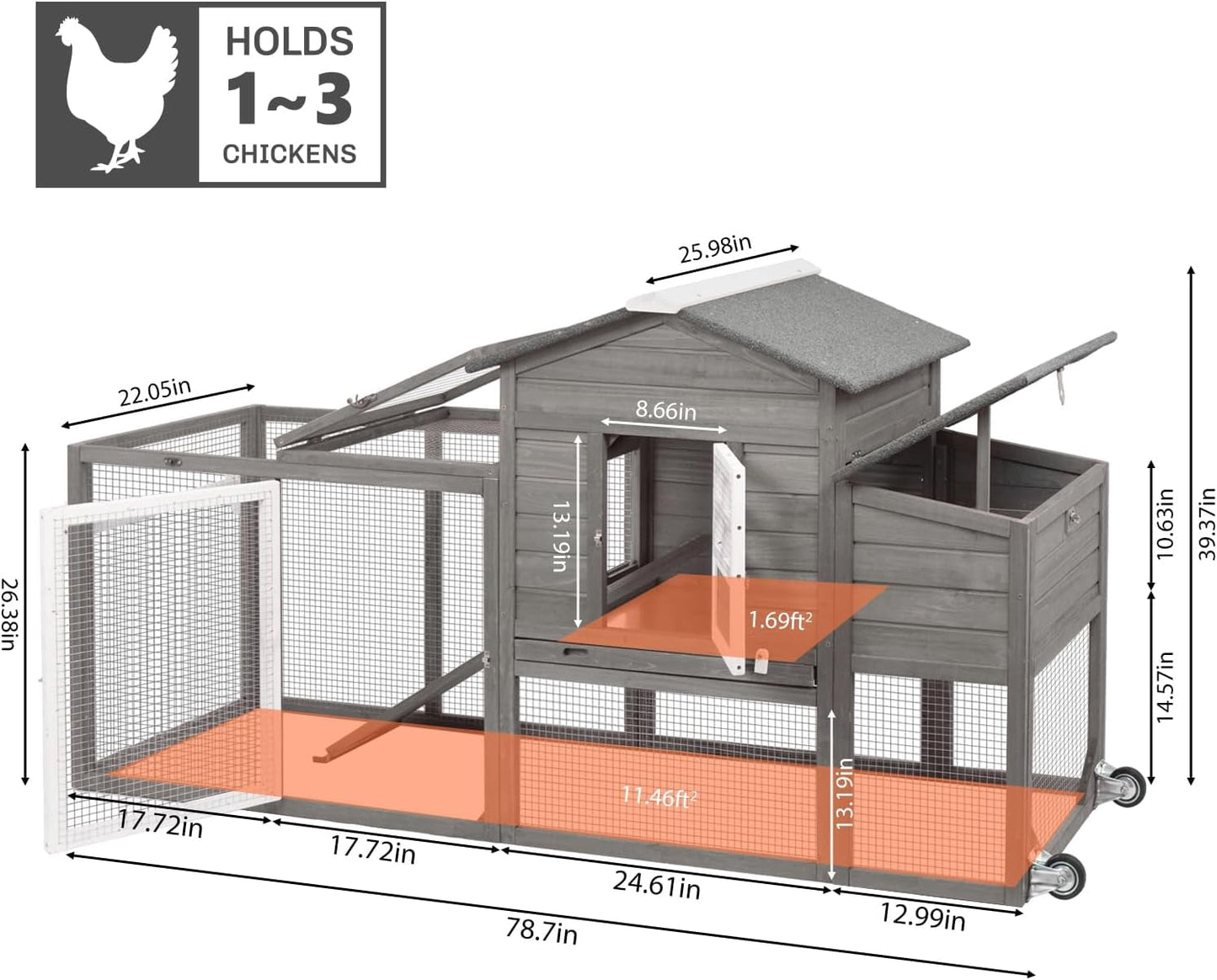 Petsblublu 79 L Chicken Coop with Run Outdoor Indoor Mobile Hen House with Nesting Boxes, Wheels, Gray