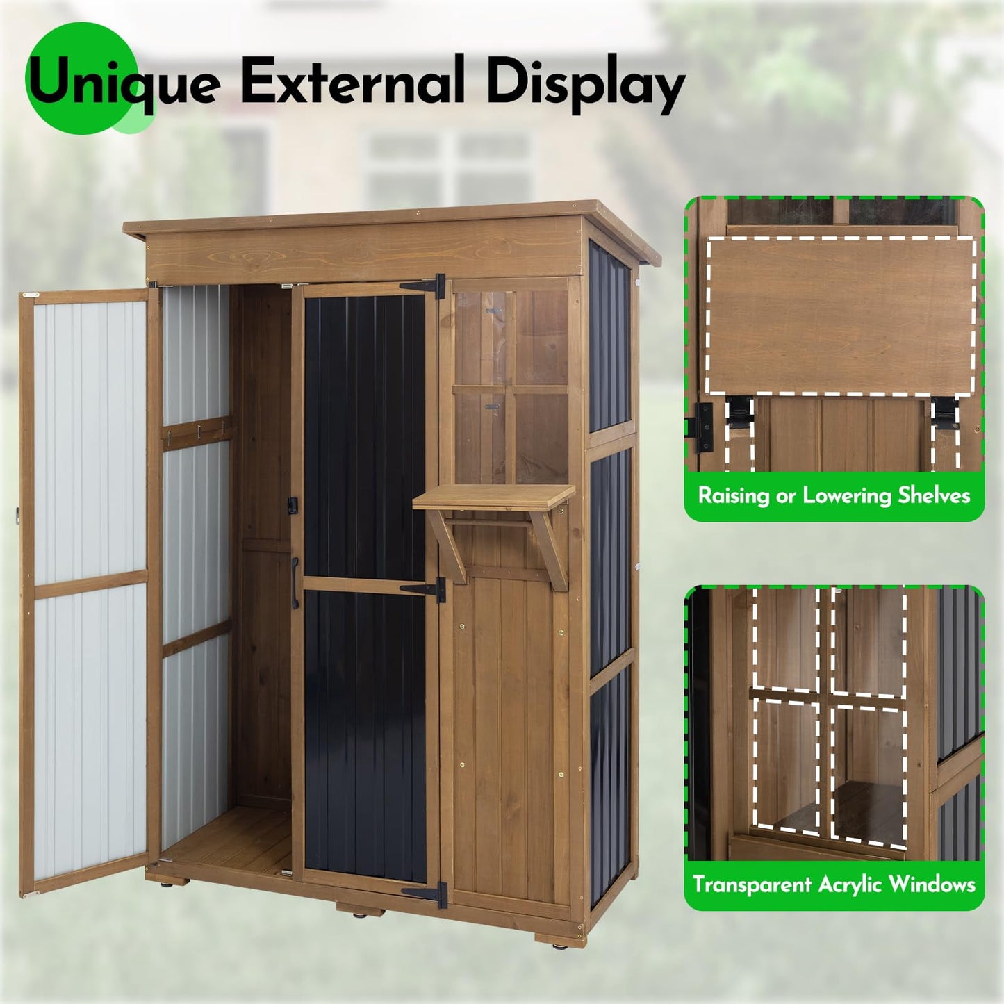 Petsblublu Large Storage Shed, Wood & Metal Outdoor Storage Cabinet for Patio Backyard, Garden Garage Tool Shed, Brown