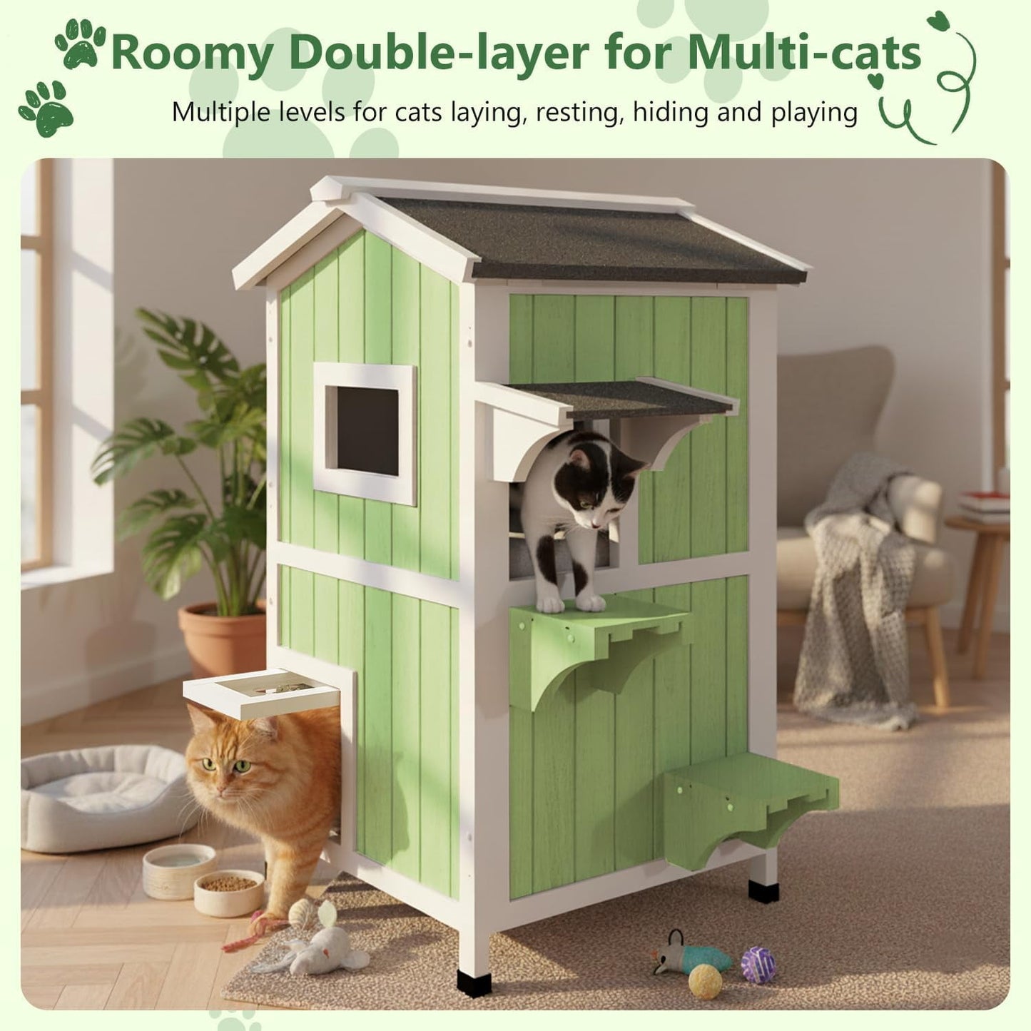 Petsblublu Outdoor Cat Shelter Weatherproof,Two Story Wooden Outside Feral Cat House with Openable Roof, Green