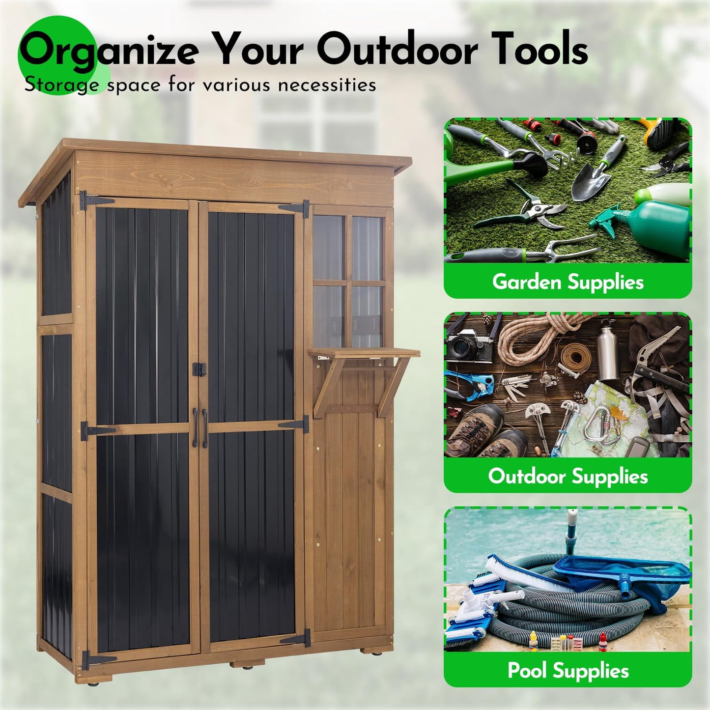 Petsblublu Large Storage Shed, Wood & Metal Outdoor Storage Cabinet for Patio Backyard, Garden Garage Tool Shed, Brown