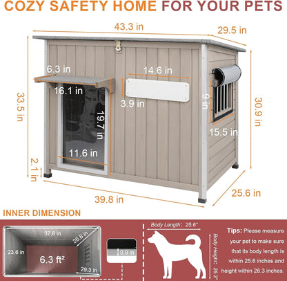 Petsblublu 40 L Weatherproof Outdoor Dog House Wooden Puppy Shelter with Elevated Floor