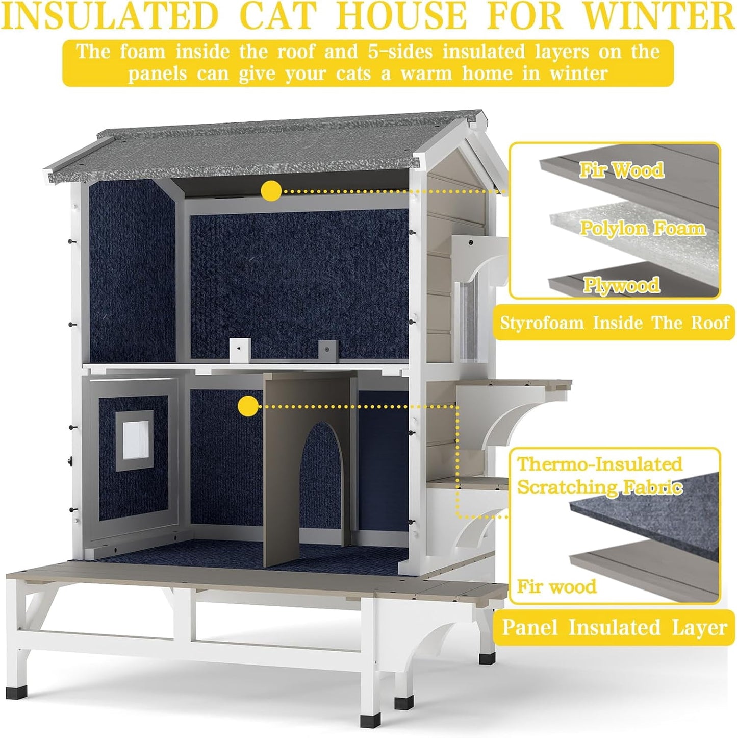 Petsblublu Insulated Outdoor Two-Story Cat House with Jumping Platforms, Gray