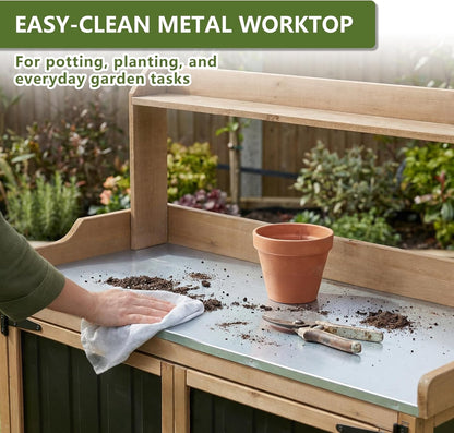 Petsblublu Outdoor Potting Bench Storage Cabinet, Garden Table with Metal Top&Shelf for Backyard