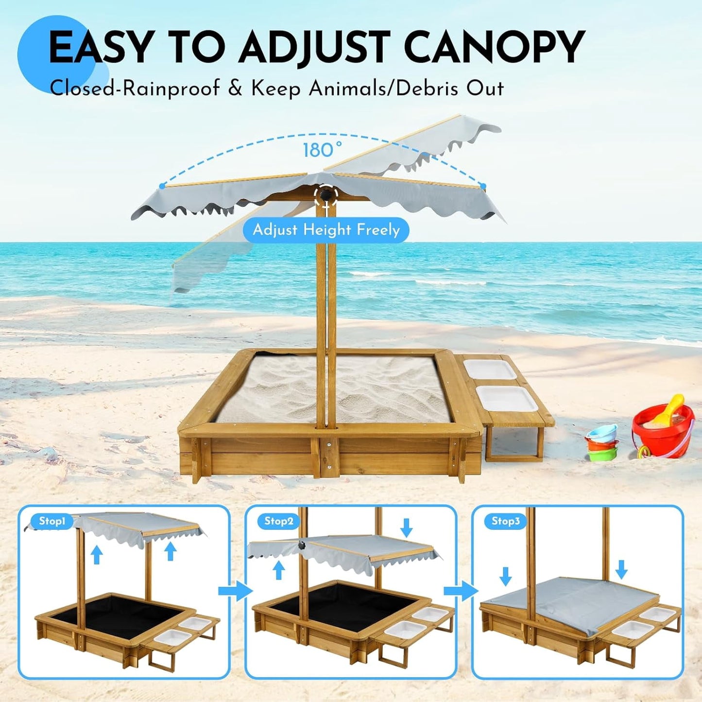 Petsblublu Outdoor Wooden Sandbox with Adjustable Canopy&Two Toy Basins for Beach