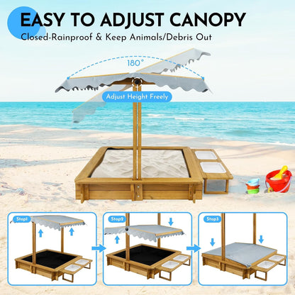 Petsblublu Outdoor Wooden Sandbox with Adjustable Canopy&Two Toy Basins for Beach
