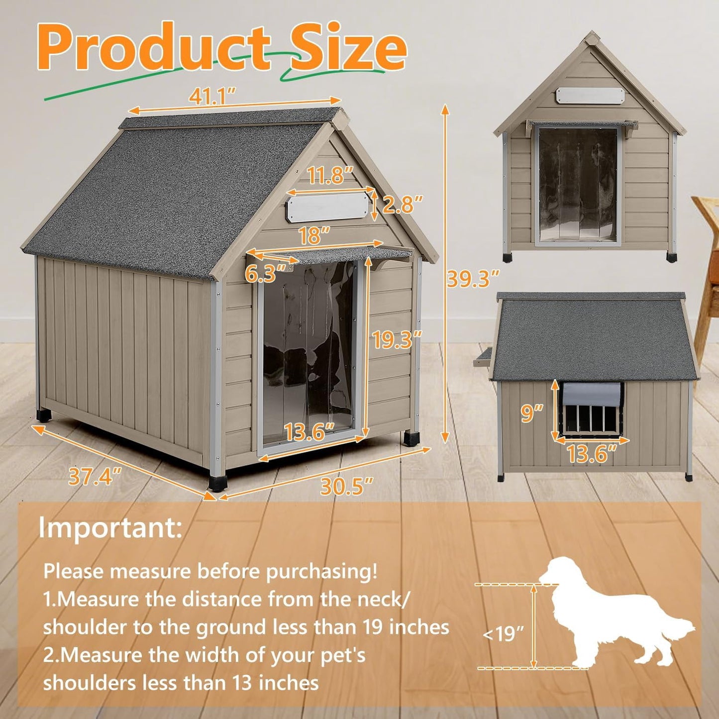 Petsblublu Large Dog House Outdoor Wooden Dog Kennel with Chew-Proof Iron Frame, 30.5 D*37.4 W*39.3 H